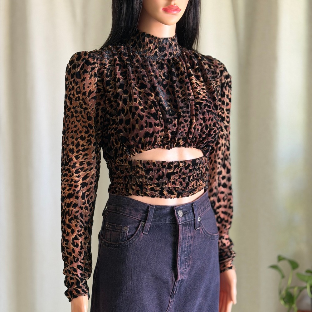 Camila Coelho Leopard Print Mock Neck Cutout Ruched Crop Top Brown Black S